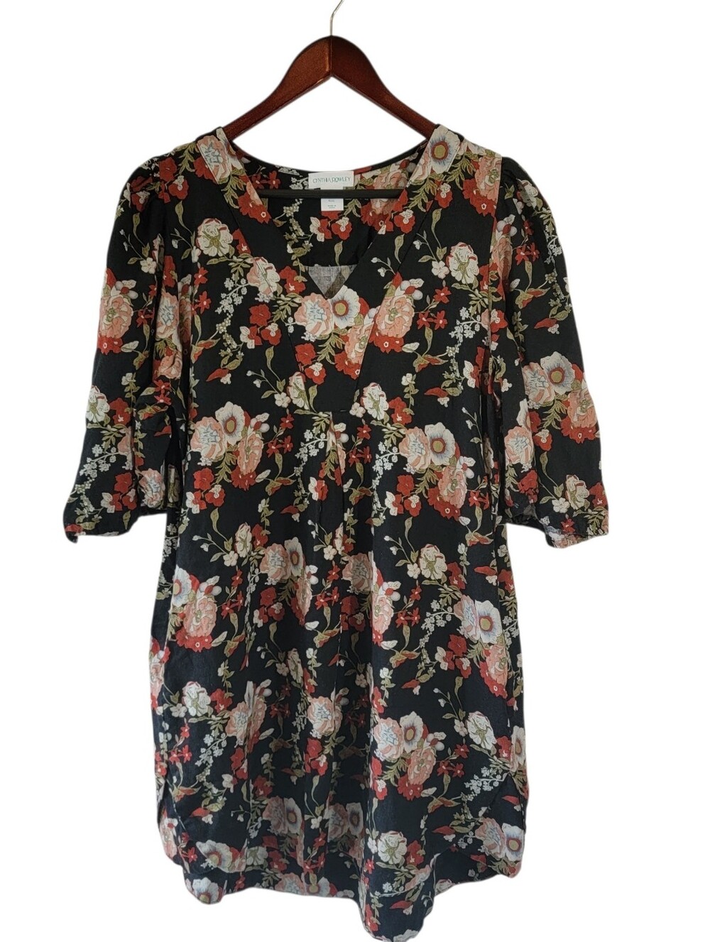 Cynthia Rowley Black Floral Linen Blend Tunic Dress Sz XL Pocket Cottagecore